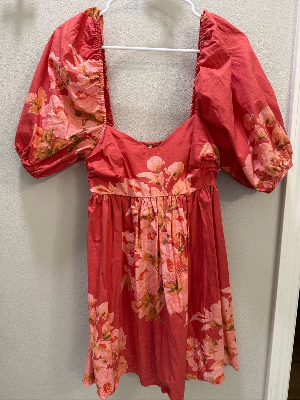 Free People Coral Pink Floral Puff-Sleeve Mini Dress